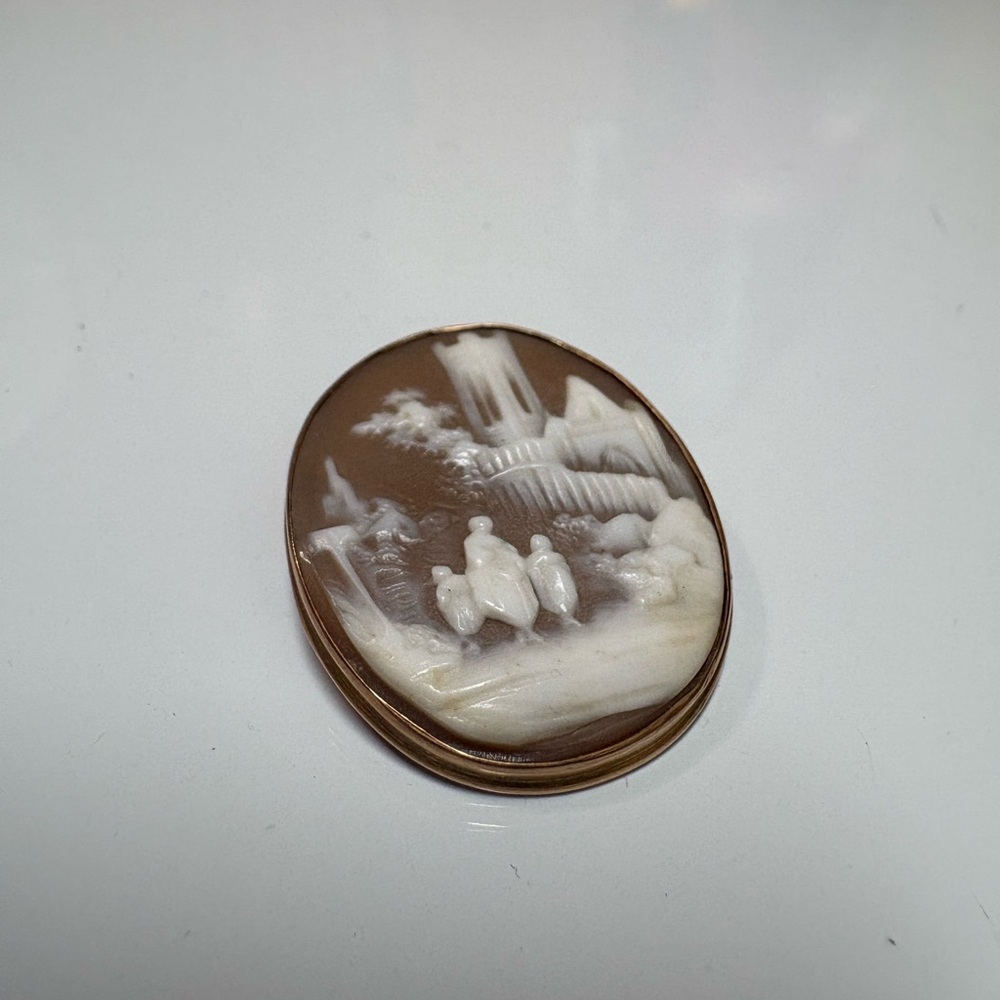 Antique Victorian Shell Cameo Brooch - Rare Scenic Landscape & Tower